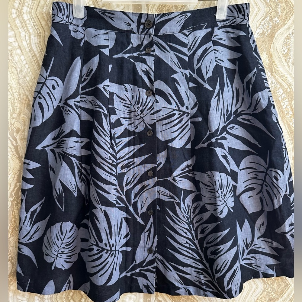 BROOKS BROTHERS size 8 Linen Button Front SKIRT Tropical Leaf Print A-Line BLUE